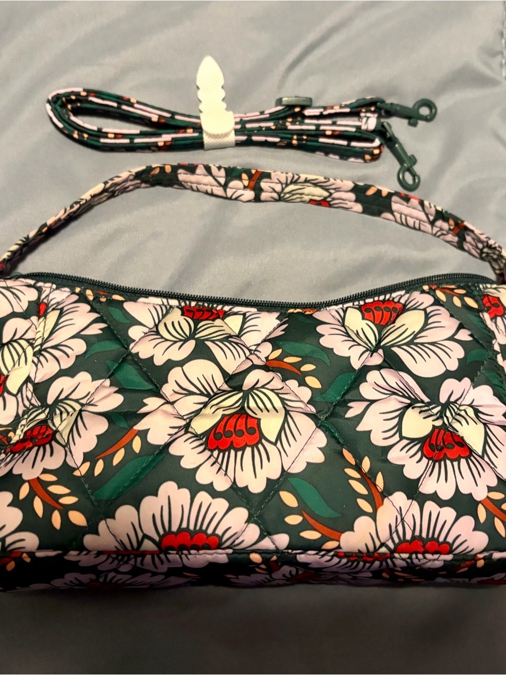 Quilted Floral Shoulder Bag in Dark Green and Cream